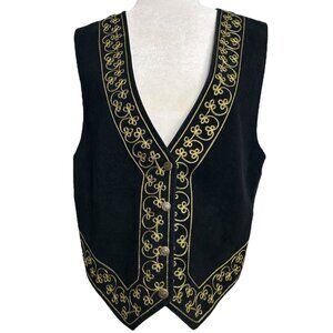 NWOT Vintage‎ Agapo Black Suede Leather Vest W/ Gold Embroidery  Size Large